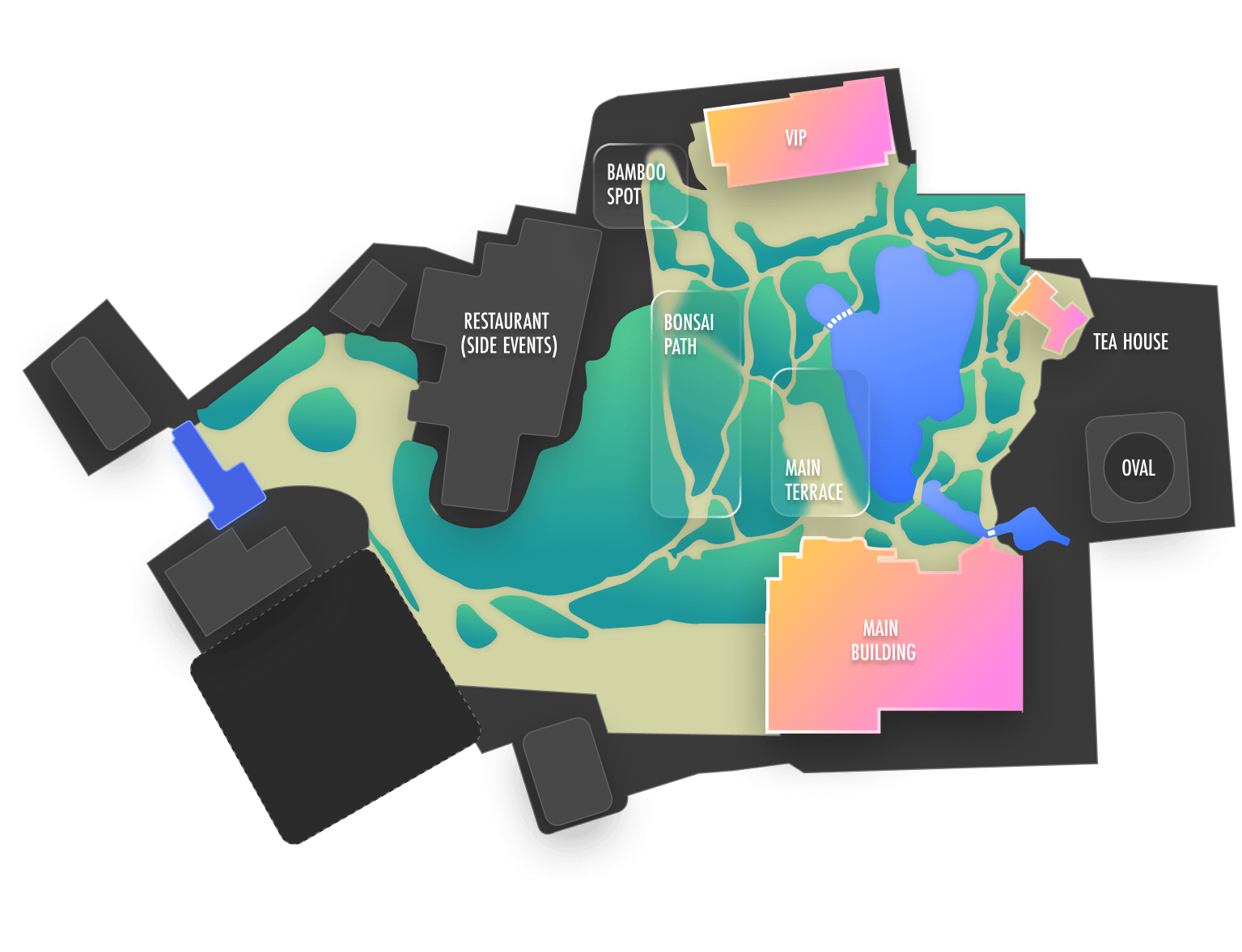 庭園の地図に、レストラン、VIPエリア、メインビル、盆栽の道、メインテラス、ティーハウス、オーバルが示されている。