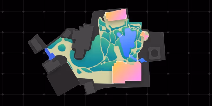 カラフルな池や散策路を含む施設の上から見た地図イラスト。